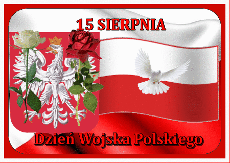 Ruszająca flaga Polski z orłem, różami 15 sierpnia